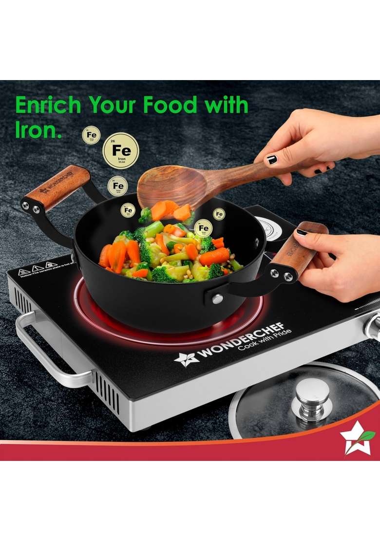 Wonderchef Ferro Light-Weight Cast-Iron Casserole and Glass Lid | 24 cm | 9.4 Inch | Induction Compatible | Non-Toxic | Pre-Seasoned - Indya