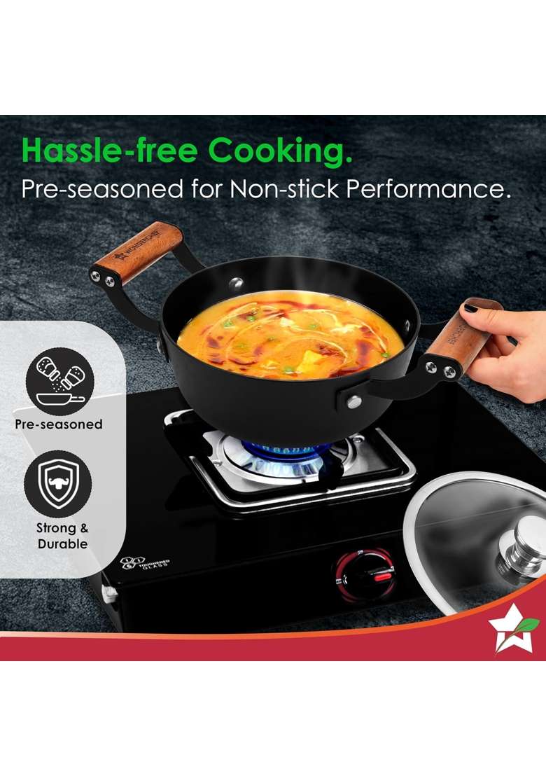 Wonderchef Ferro Light-Weight Cast-Iron Casserole and Glass Lid | 24 cm | 9.4 Inch | Induction Compatible | Non-Toxic | Pre-Seasoned - Indya