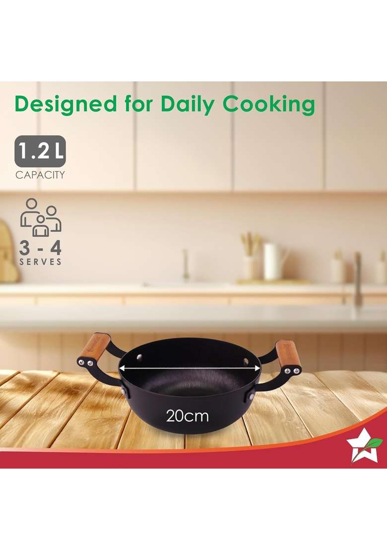 Wonderchef Ferro Light-Weight Cast-Iron Kadhai Wok | 20 cm | 7.9 Inch | Pre-Seasoned - Indya