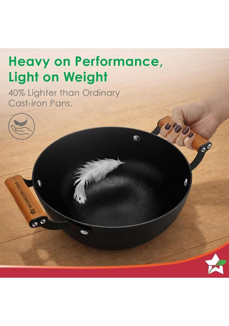 Wonderchef Ferro Light-Weight Cast-Iron Kadhai Wok | 20 cm | 7.9 Inch | Pre-Seasoned - Indya