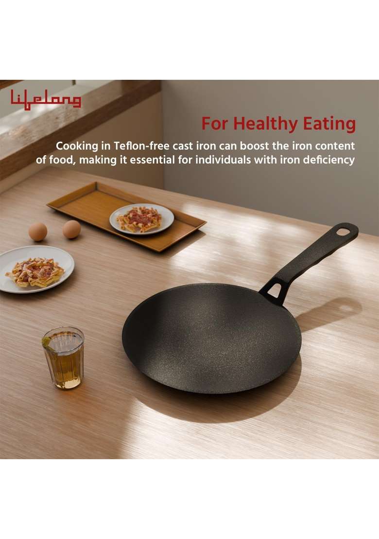 Lifelong Cast Iron Roti Tawa Flat Griddle with Wooden Spatula for Dosa | 25.5 cm | 10 Inch | Induction Compatible | Non-Toxic | Pre-Seasoned - Indya