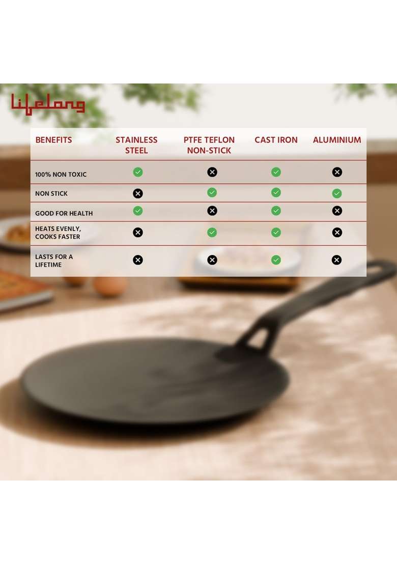 Lifelong Cast Iron Roti Tawa Flat Griddle with Wooden Spatula for Dosa | 25.5 cm | 10 Inch | Induction Compatible | Non-Toxic | Pre-Seasoned - Indya