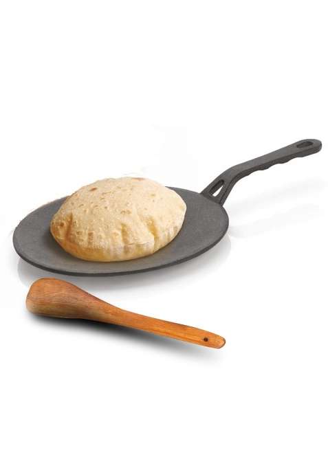 Lifelong Cast Iron Roti Tawa Flat Griddle with Wooden Spatula for Dosa | 25.5 cm | 10 Inch | Induction Compatible | Non-Toxic | Pre-Seasoned