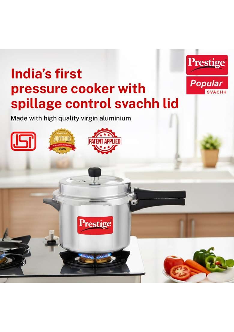Prestige Aluminium Popular Svachh Outerlid Pressure Cooker | 5 L | 5.3 Qt - Indya