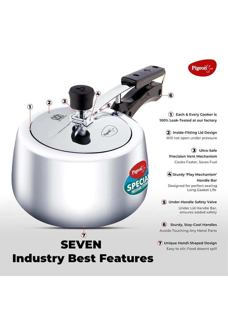Pigeon By Stove Kraft Special Plus Aluminium Inner Lid Induction Base Pressure Cooker | 3 L | 3.2 Qt - Indya