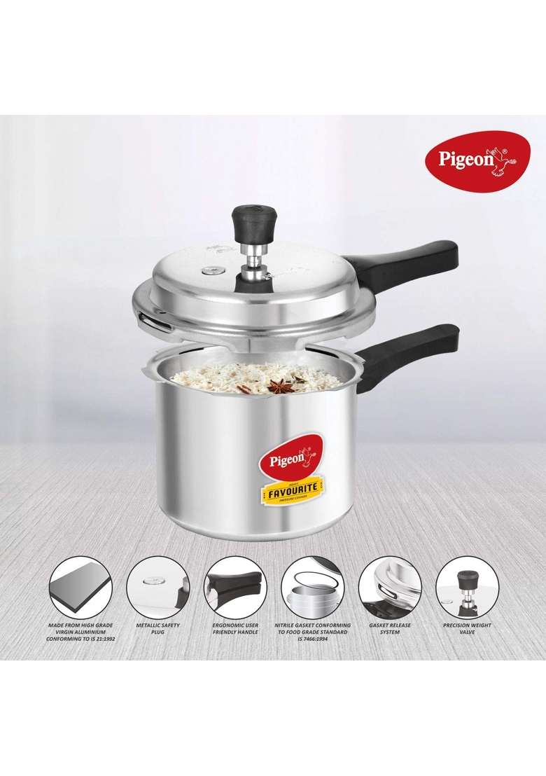Pigeon By Stovekraft Favourite Induction Base Aluminium Pressure Cooker with Outer Lid | 3 L | 3.2 Qt - Indya