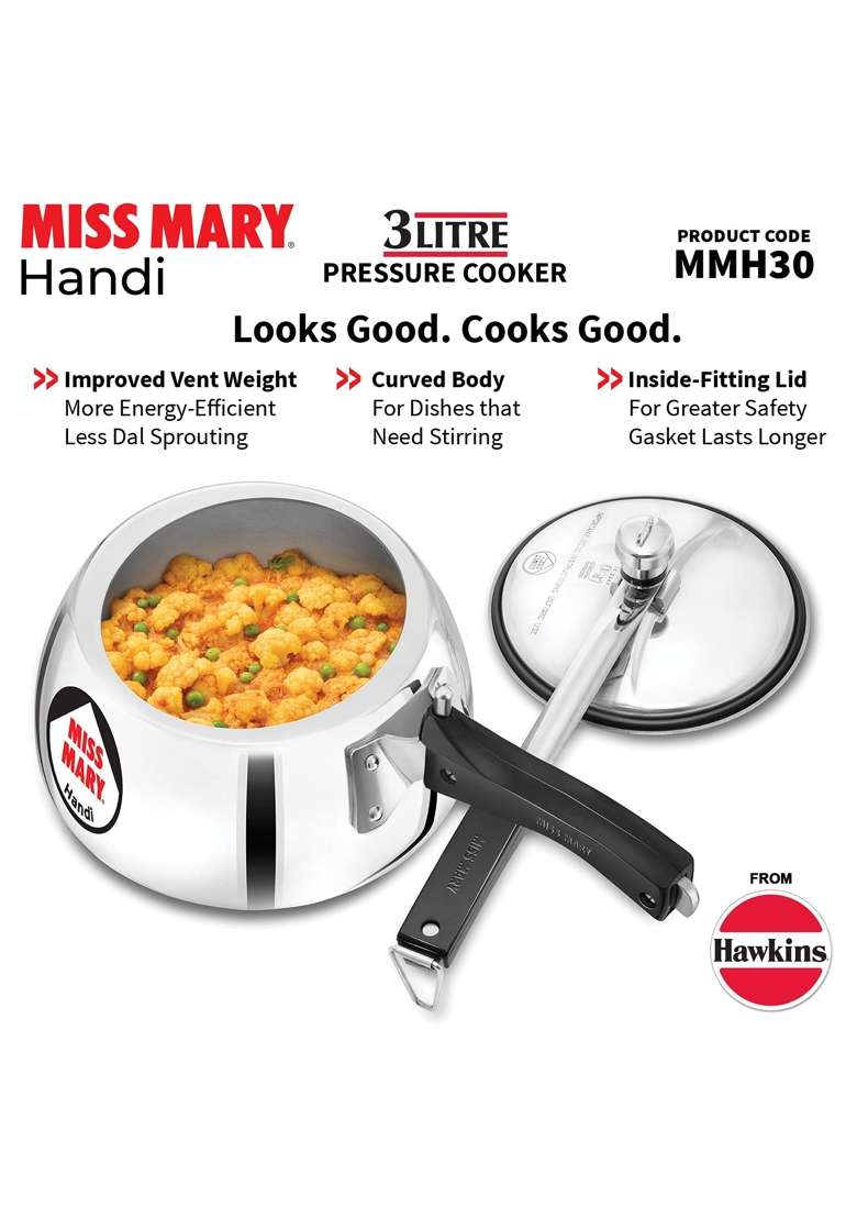 Hawkins Miss Mary Handi Cooking Pot Pressure Cooker | 3 L | 3.2 Qt - Indya