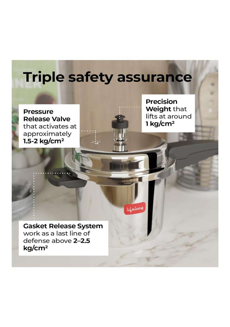 Lifelong Stainless Steel Pressure Cooker | 5 L | 5.3 Qt | Induction Compatible - Indya
