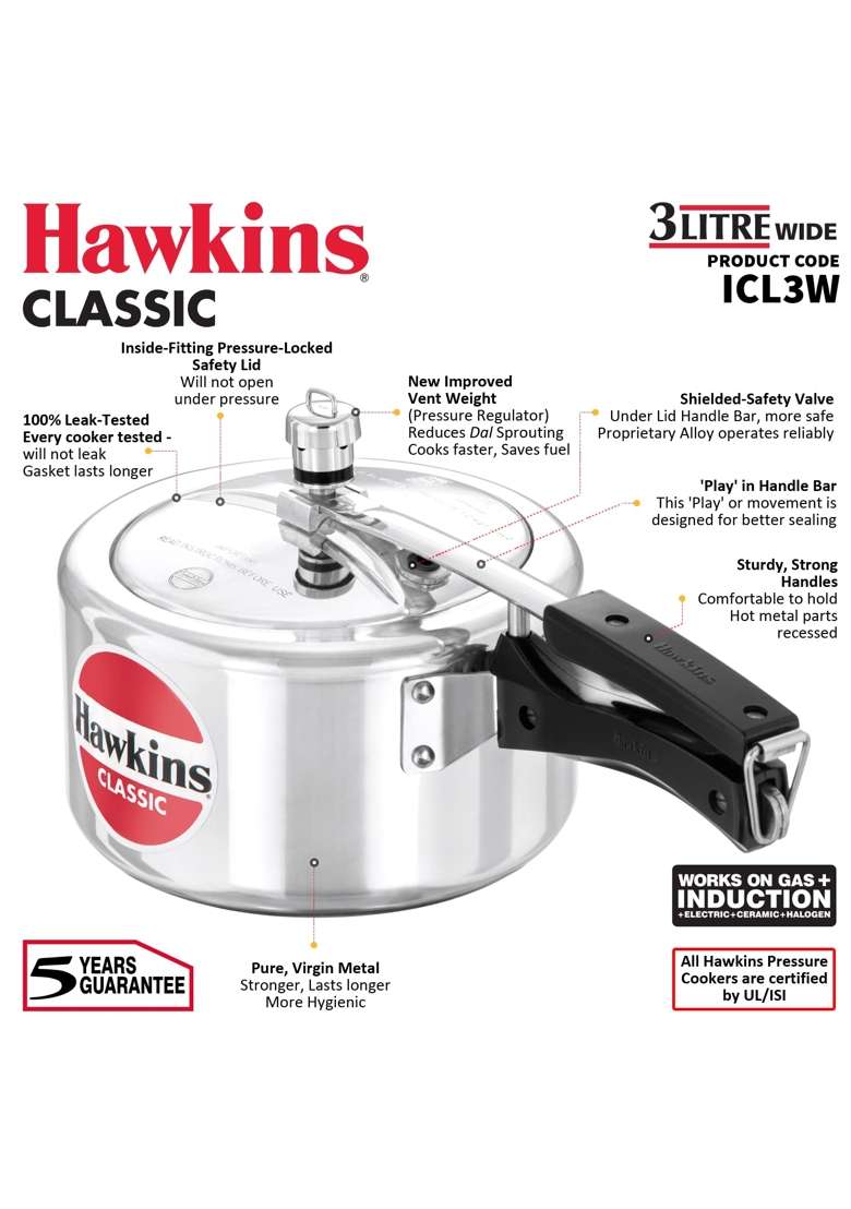 Hawkins Classic Inner Lid Aluminium Pressure Cooker | 3 L | 3.2 Qt | Induction Compatible - Indya