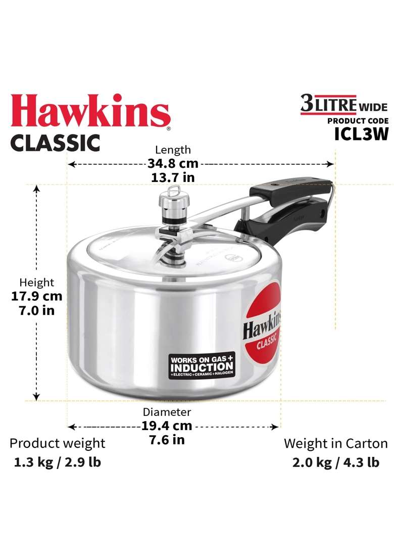 Hawkins Classic Inner Lid Aluminium Pressure Cooker | 3 L | 3.2 Qt | Induction Compatible - Indya