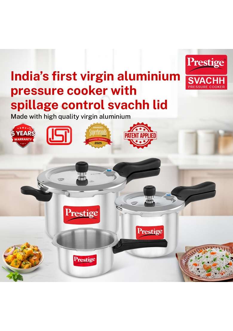 Prestige Aluminium Svachh Outer Lid Pressure Cooker Combo with 2 Lids | 2 L | 2.1 Qt | Induction Compatible - Indya