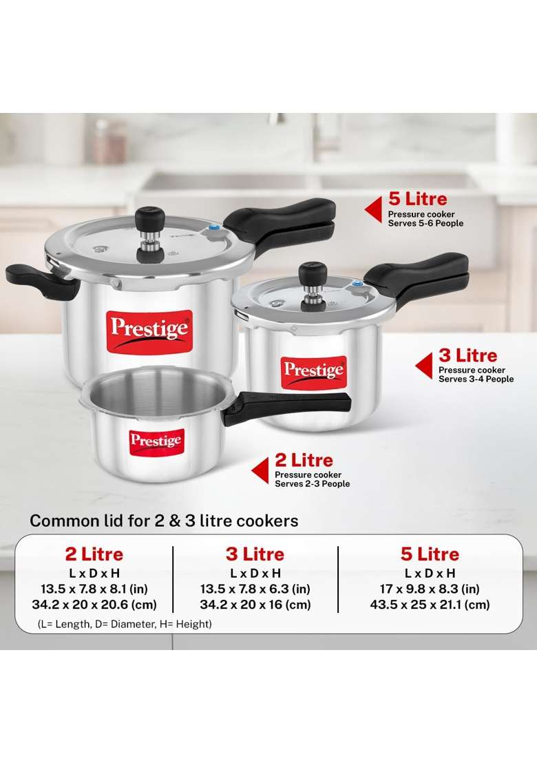 Prestige Aluminium Svachh Outer Lid Pressure Cooker Combo with 2 Lids | 2 L | 2.1 Qt | Induction Compatible - Indya