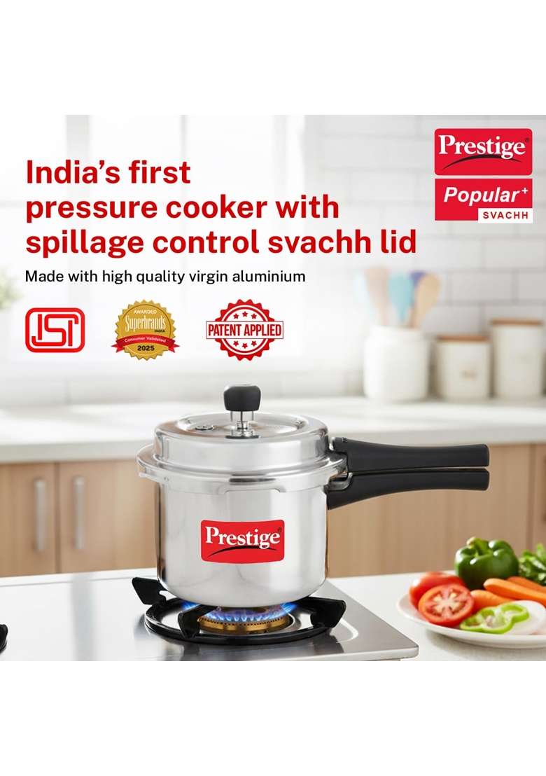 Prestige Aluminium Popular Plus Svachh Outerlid Pressure Cooker | 3 L | 3.2 Qt | Induction Compatible - Indya