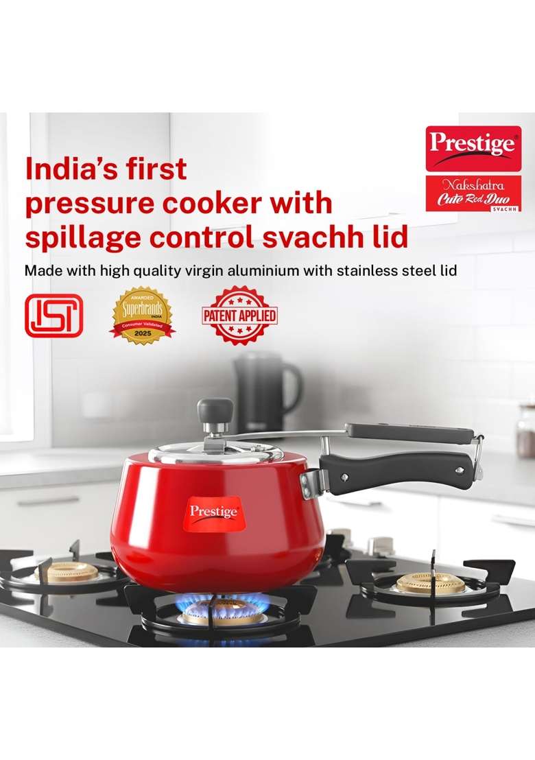 Prestige Nakshatra Cute Red Duo Svachh Aluminium Inner Lid Pressure Cooker | 3 L | 3.2 Qt - Indya