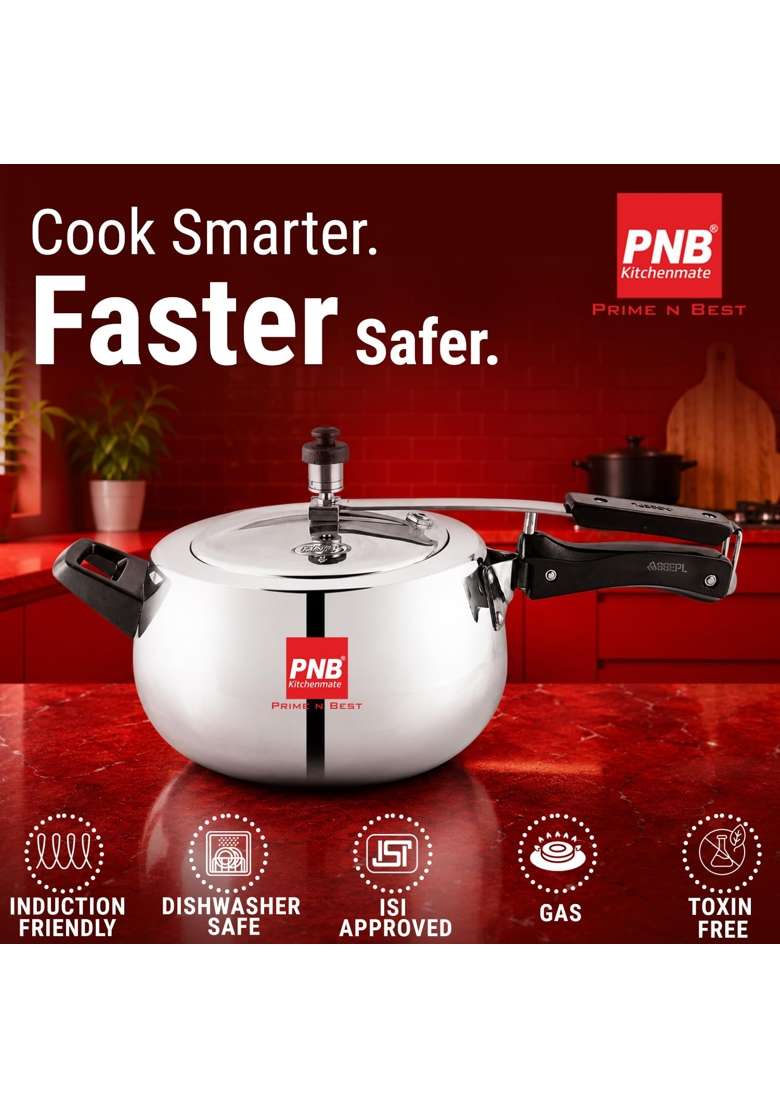 PNB Kitchenmate Belly Shaped Aluminium Pressure Cooker Inner Lid Induction Base | 5.5 L | 5.8 Qt - Indya