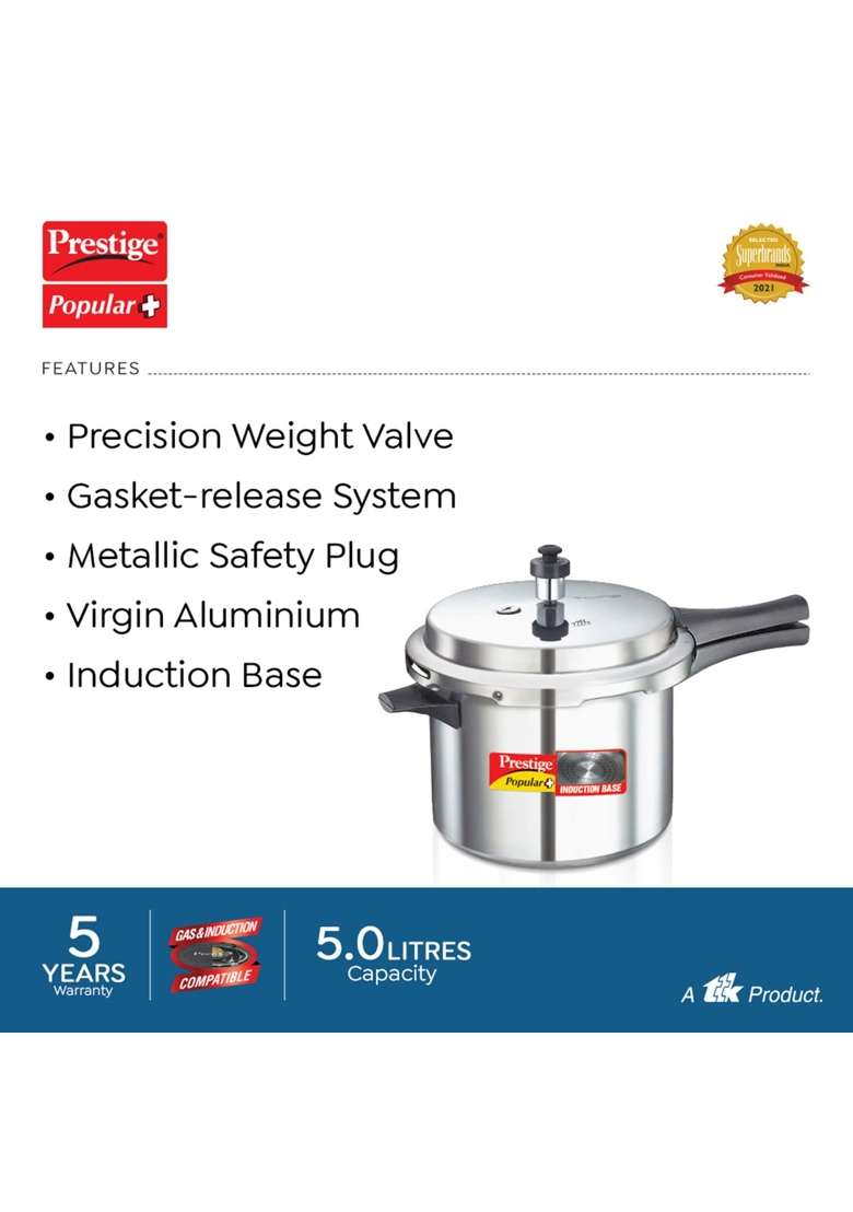 Prestige Popular Plus Aluminium Pressure Cooker | 5 L | 5.3 Qt | Induction Compatible - Indya