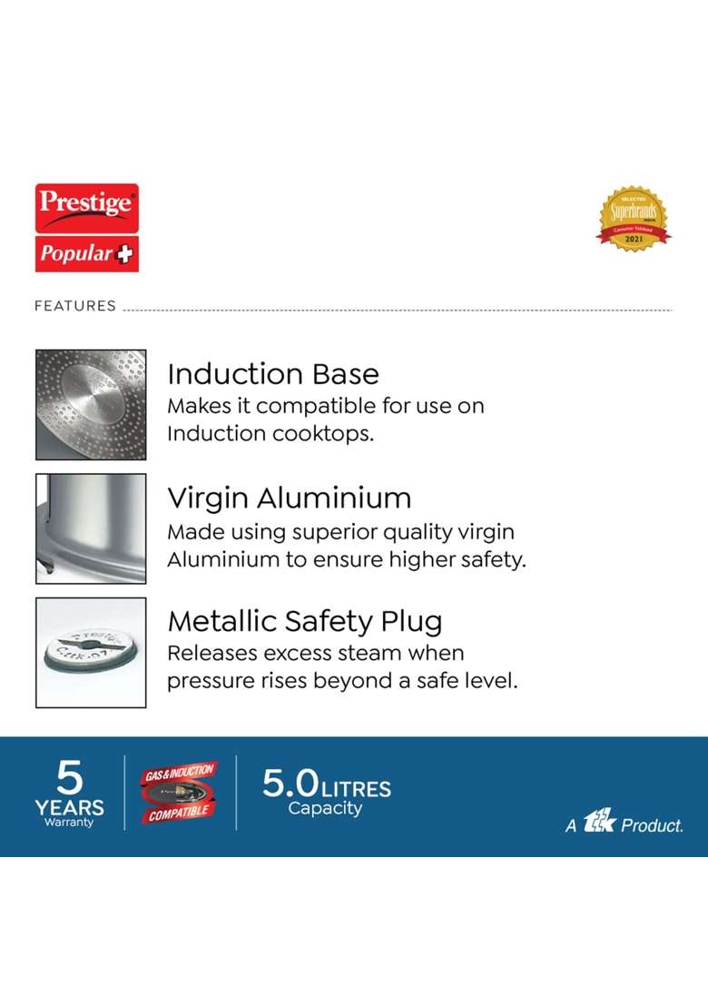 Prestige Popular Plus Aluminium Pressure Cooker | 5 L | 5.3 Qt | Induction Compatible - Indya