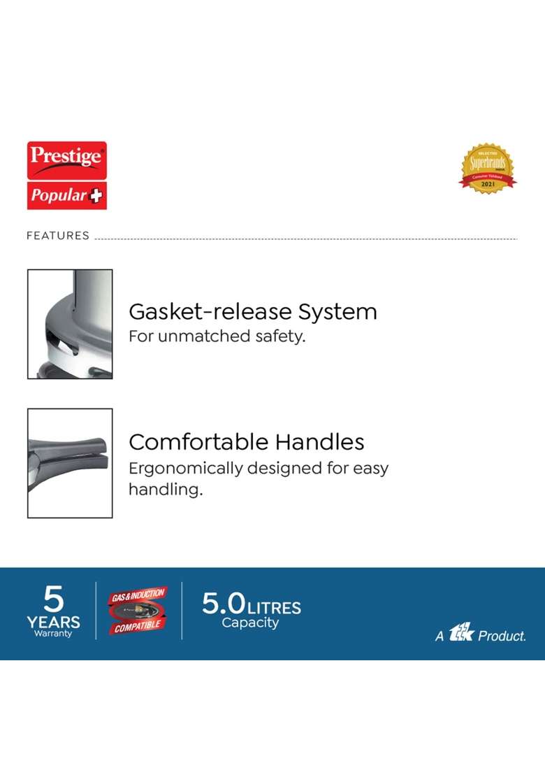 Prestige Popular Plus Aluminium Pressure Cooker | 5 L | 5.3 Qt | Induction Compatible - Indya