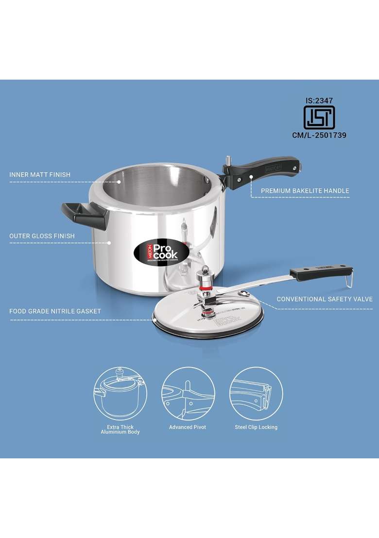 MILTON Pro cook Induction Cookware and Gas Stove Friendly Aluminium Pressure Cooker with Inner Lid | 5 L | 5.3 Qt | Food Safe - Indya