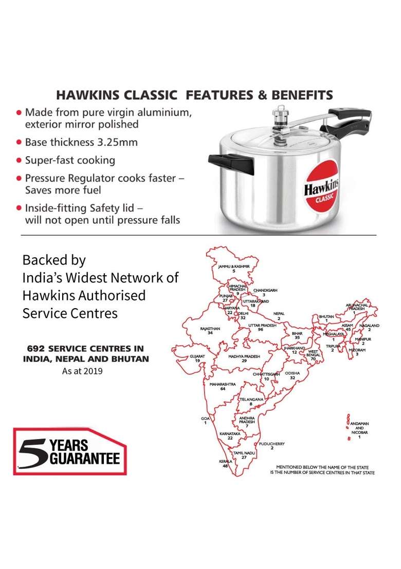 Hawkins Classic Aluminium Inner Lid Pressure Cooker | 5 L | 5.3 Qt - Indya