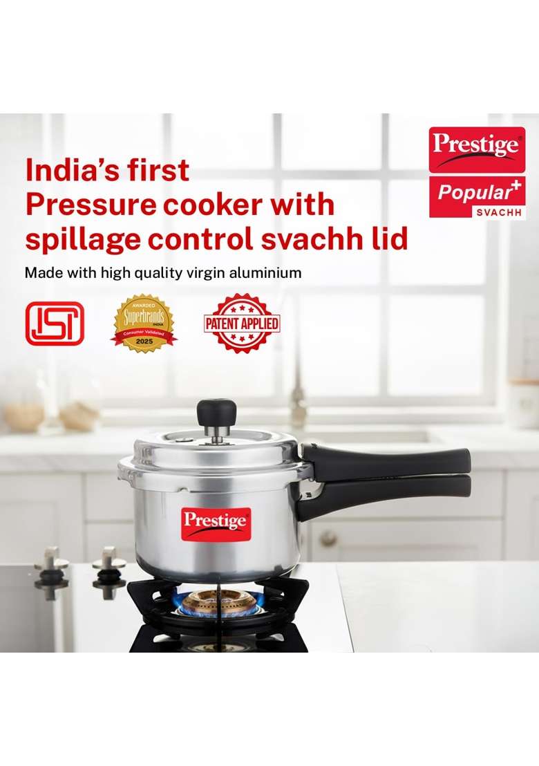 Prestige Tall Aluminium Popular Plus Svachh Outerlid Pressure Cooker | 2 L | 2.1 Qt | Induction Compatible - Indya