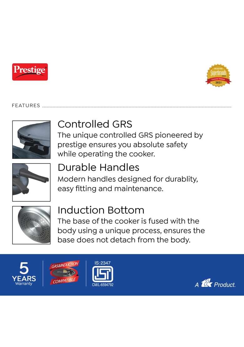 Prestige Deluxe Plus Hard Anodized Aluminium Junior Handi Cooking Pot Pressure Cooker | 5 L | 5.3 Qt - Indya