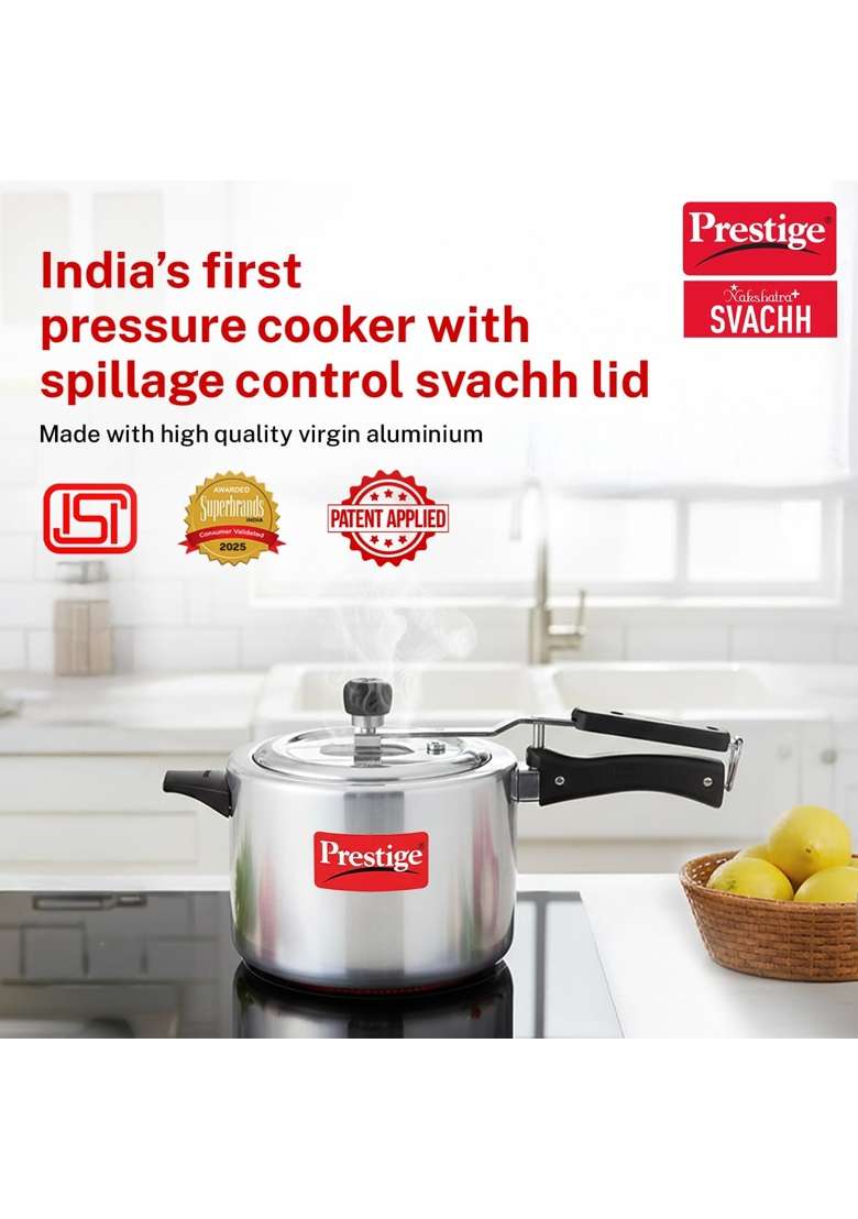 Prestige Nakshatra Plus Svachh Aluminium Straight Wall Inner Lid Pressure Cooker | 5 L | 5.3 Qt - Indya
