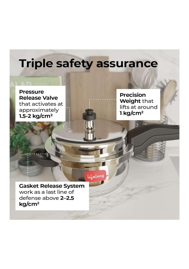 Lifelong Stainless Steel Curve Pressure Cooker | 5 L | 5.3 Qt | Induction Compatible - Indya