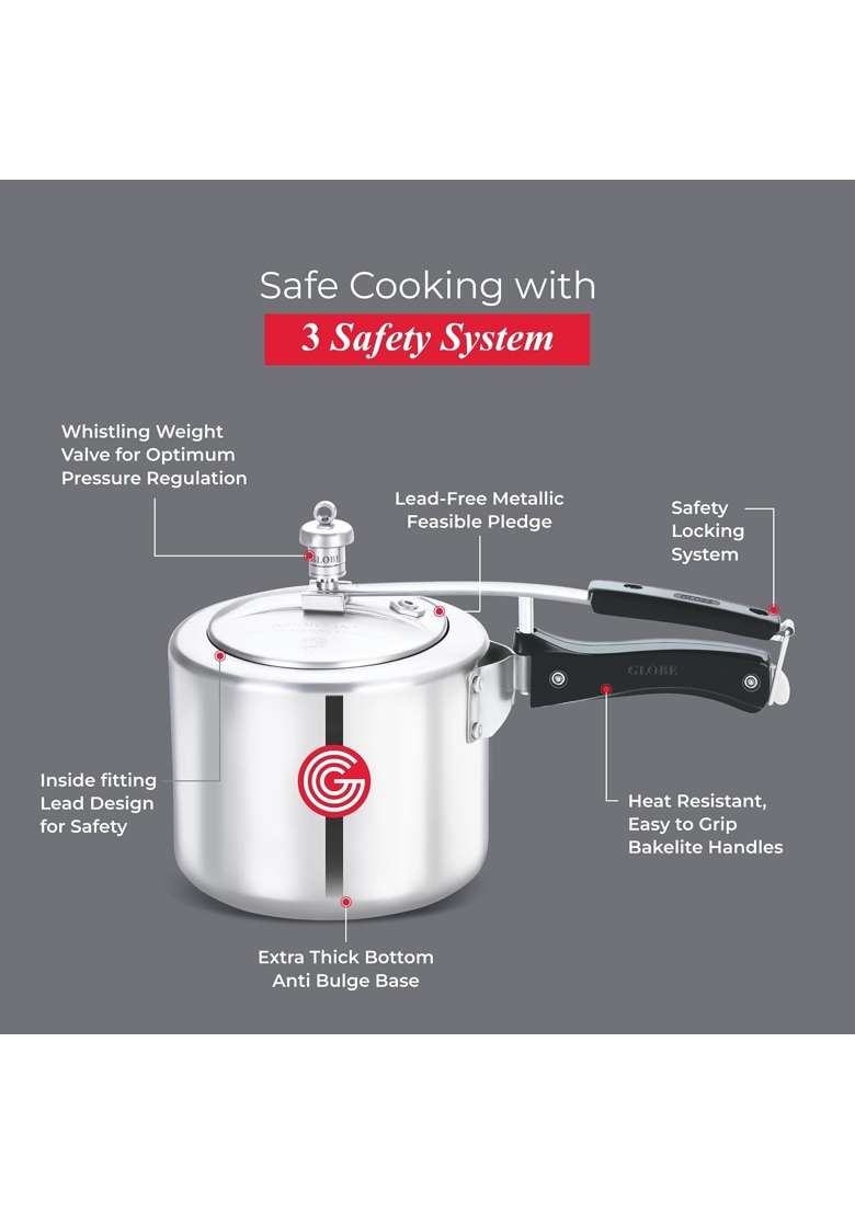 GLOBE Brio Aluminium Inner Lid Induction Base Pressure Cooker | 3 L | 3.2 Qt - Indya