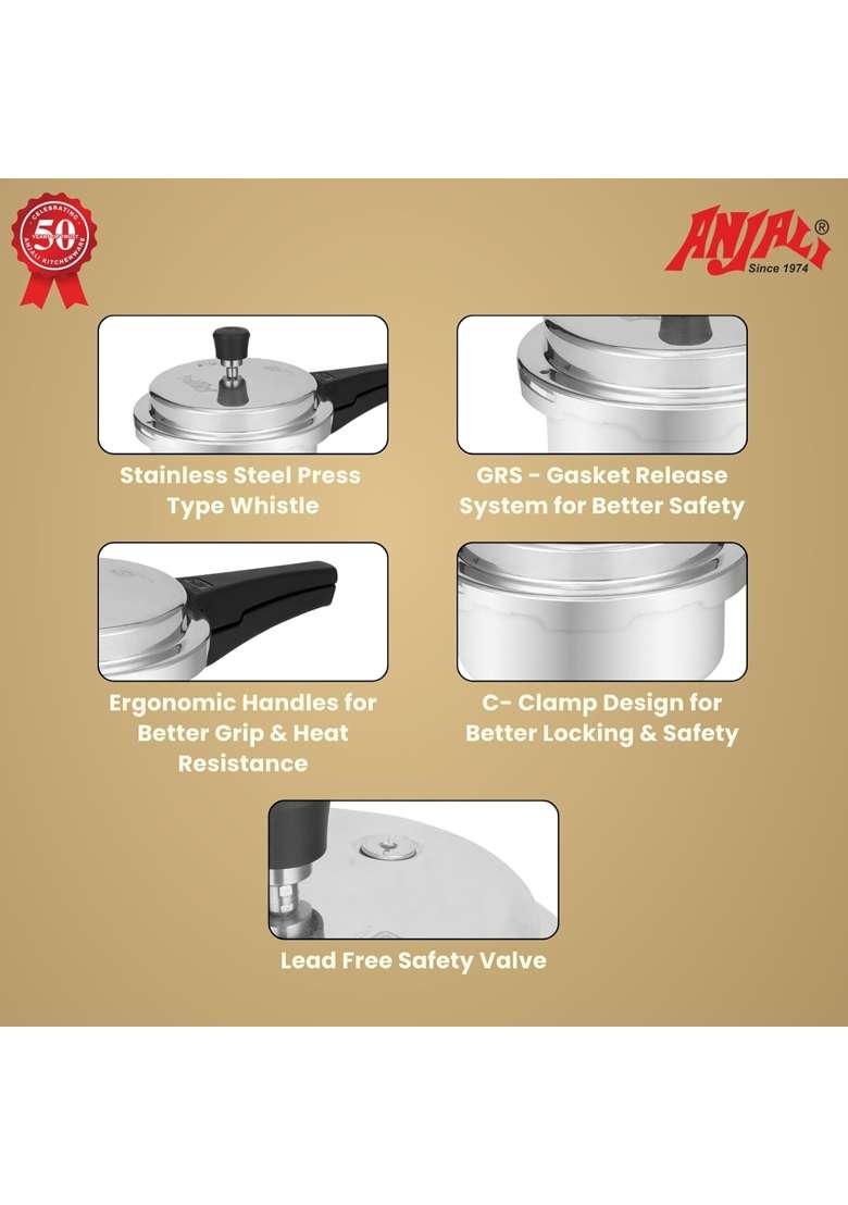 ANJALI Aero Straight Aluminium Pressure Cooker | 5 L | 5.3 Qt - Indya