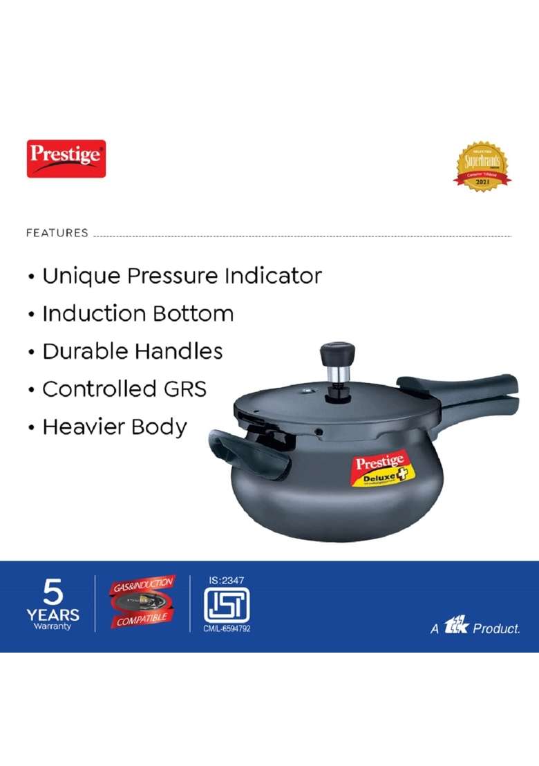 Prestige Deluxe Plus Hard Anodised Aluminium Outer Lid Pressure Cooker Handi Cooking Pot | 3 L | 3.2 Qt - Indya