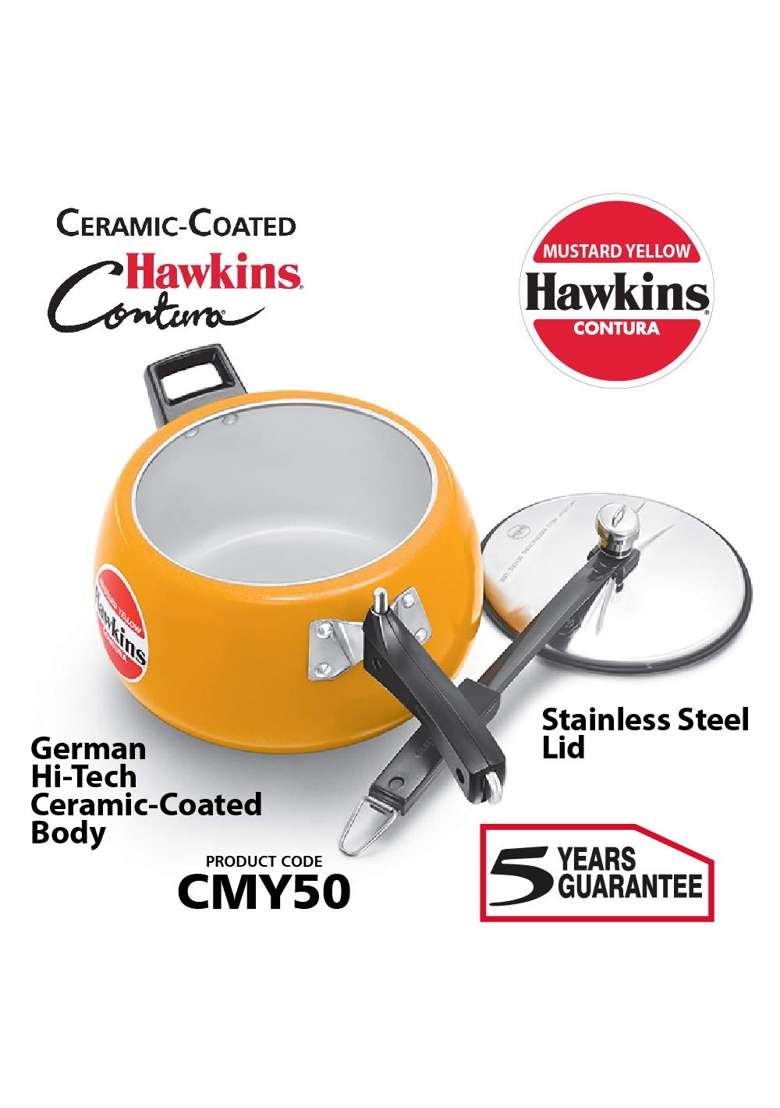Hawkins Ceramic- Coated Contura Mustard Yellow Aluminium Inner Lid Pressure Cooker | 5 L | 5.3 Qt - Indya