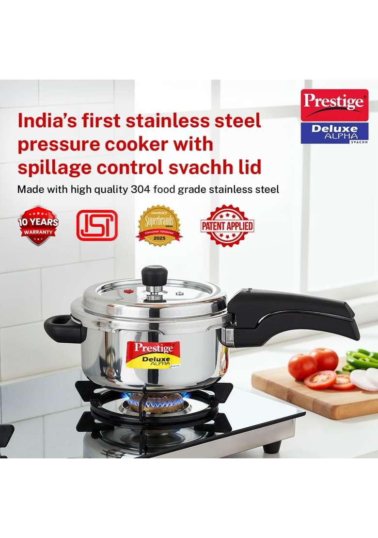 Prestige Stainless Steel Deluxe Alpha Svachh Outer Lid Pressure Cooker | 3 L | 3.2 Qt | Induction Compatible | Tri-Ply - Indya