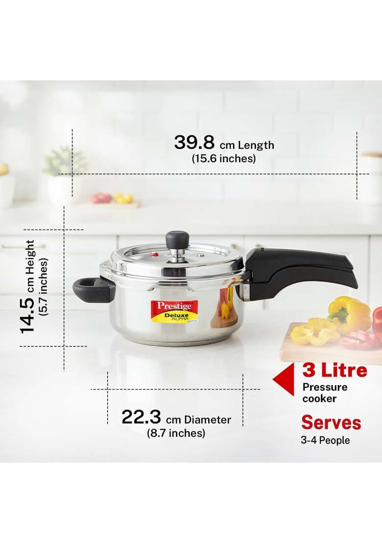 Prestige Stainless Steel Deluxe Alpha Svachh Outer Lid Pressure Cooker | 3 L | 3.2 Qt | Induction Compatible | Tri-Ply - Indya