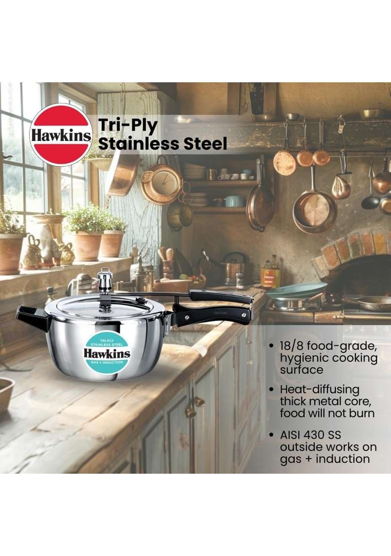 Hawkins Triply Stainless Steel Pressure Cooker | 3.5 L | 3.7 Qt - Indya