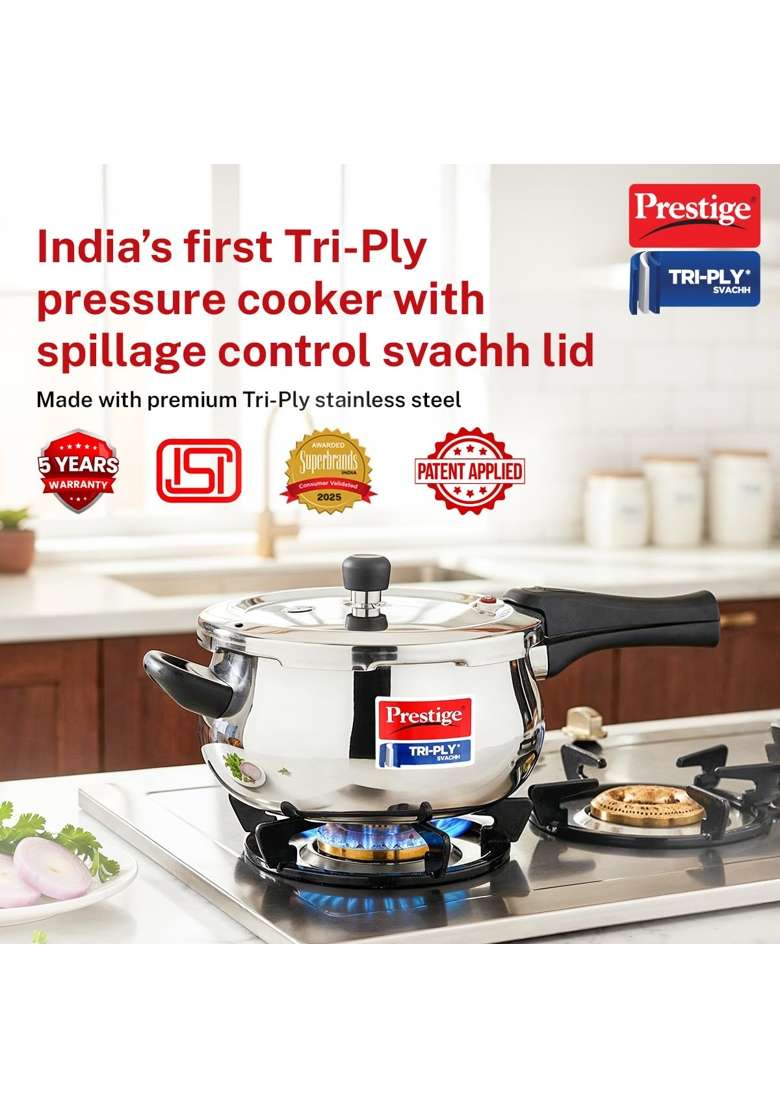 Prestige Triply Svachh Outer Lid Pressure Cooker | 5 L | 5.3 Qt | Induction Compatible - Indya