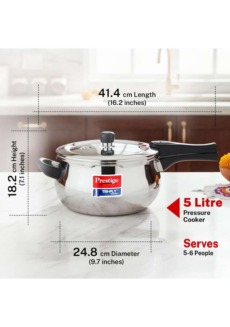 Prestige Triply Svachh Outer Lid Pressure Cooker | 5 L | 5.3 Qt | Induction Compatible - Indya