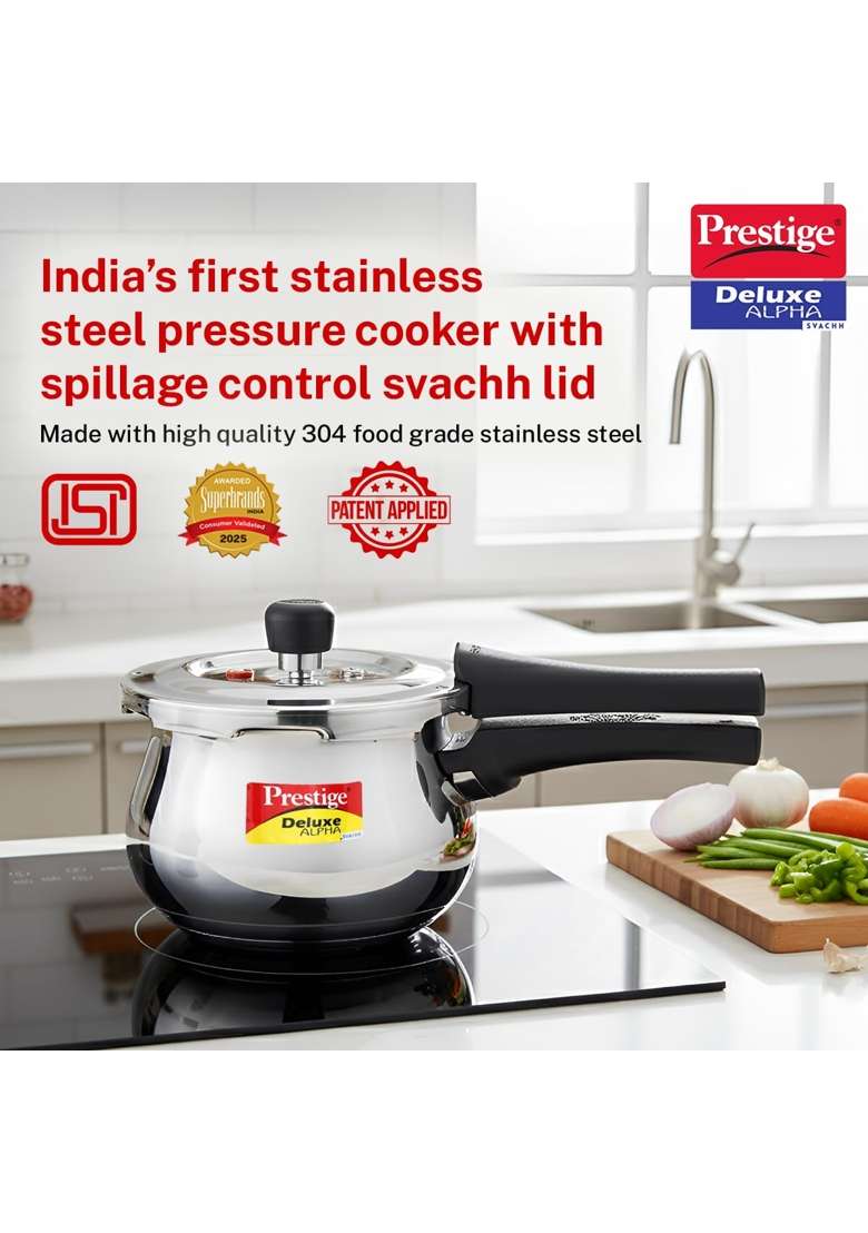Prestige Stainless Steel Deluxe Alpha Svachh Outerlid Baby Handi Cooking Pot Pressure Cooker | 2 L | 2.1 Qt | Induction Compatible - Indya
