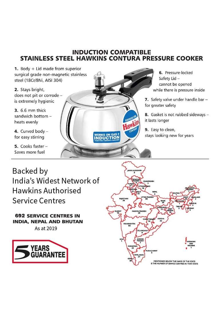 Hawkins Stainless Steel Contura Inner Lid Pressure Cooker Induction Compatible | 3 L | 3.2 Qt - Indya