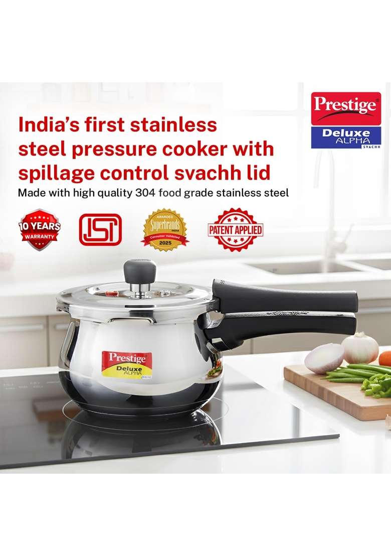 Prestige Deluxe Alpha Svachh Stainless Steel Pressure Cooker with Glass Lid | 1.5 L | 1.6 Qt - Indya