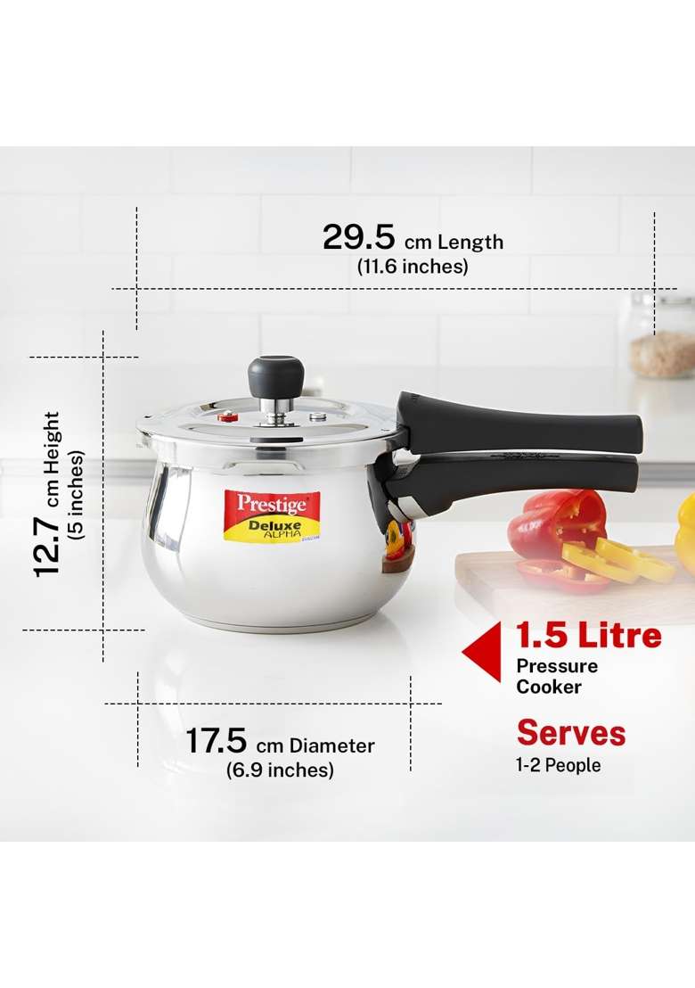 Prestige Deluxe Alpha Svachh Stainless Steel Pressure Cooker with Glass Lid | 1.5 L | 1.6 Qt - Indya