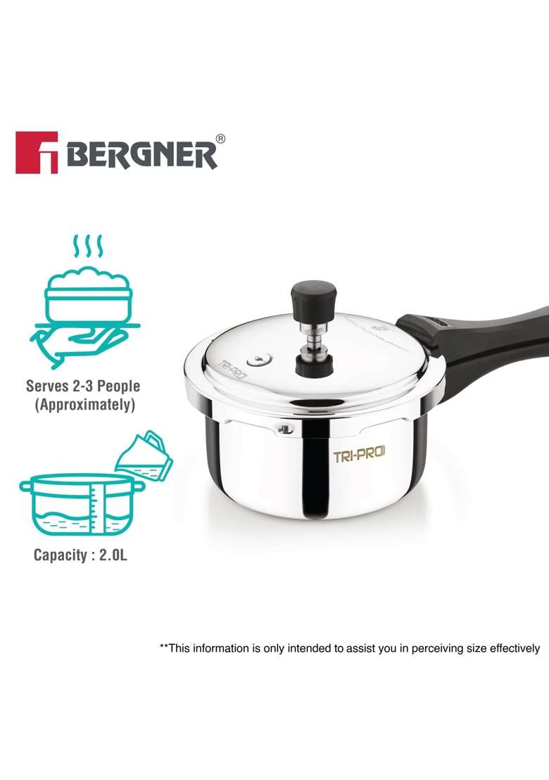 BERGNER Tripro Triply Stainless Steel Outer Lid Pressure Cooker | 2 L | 2.1 Qt | Induction Compatible - Indya