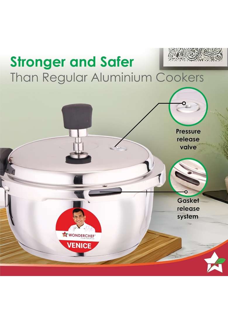 Wonderchef Venice Stainless-steel Pressure Cooker | 2 L | 2.1 Qt | Induction Compatible | Tri-Ply - Indya