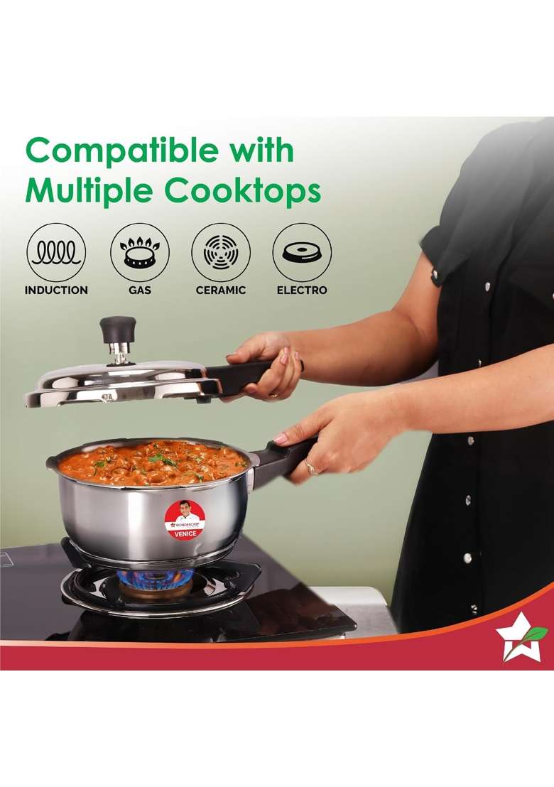 Wonderchef Venice Stainless-steel Pressure Cooker | 2 L | 2.1 Qt | Induction Compatible | Tri-Ply - Indya