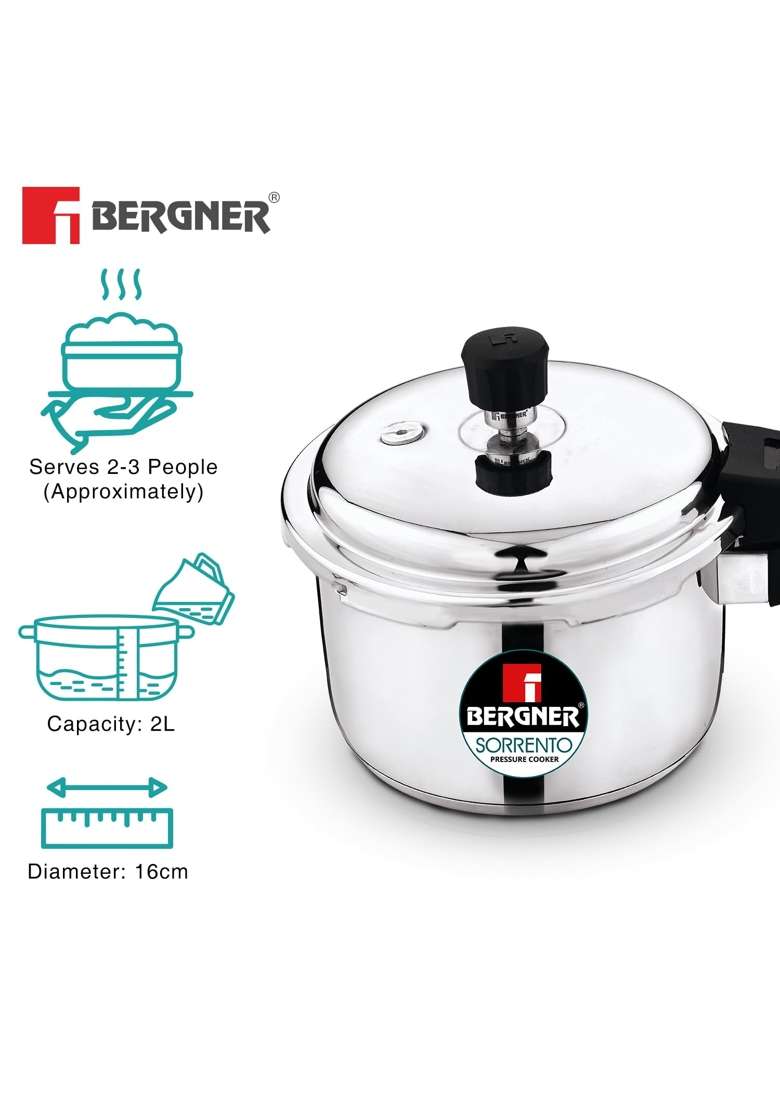 BERGNER Sorrento Stainless Steel Outer Lid Pressure Cooker | 3 L | 3.2 Qt | Induction Compatible | Heavy Bottom - Indya