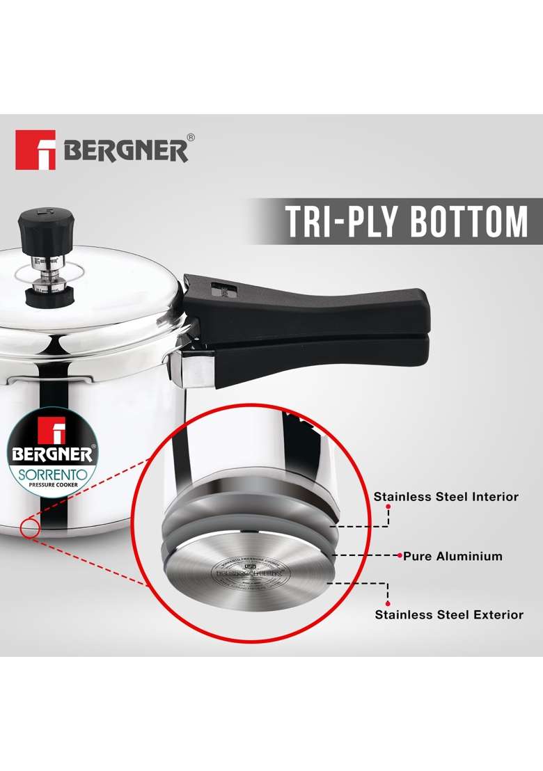 BERGNER Sorrento Stainless Steel Outer Lid Pressure Cooker | 3 L | 3.2 Qt | Induction Compatible | Heavy Bottom - Indya