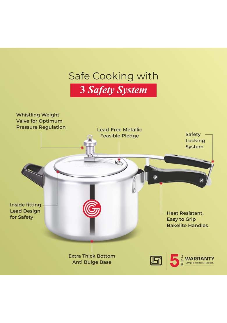 GLOBE Kiwi Aluminium Inner Lid Induction Base Pressure Cooker | 5 L | 5.3 Qt - Indya