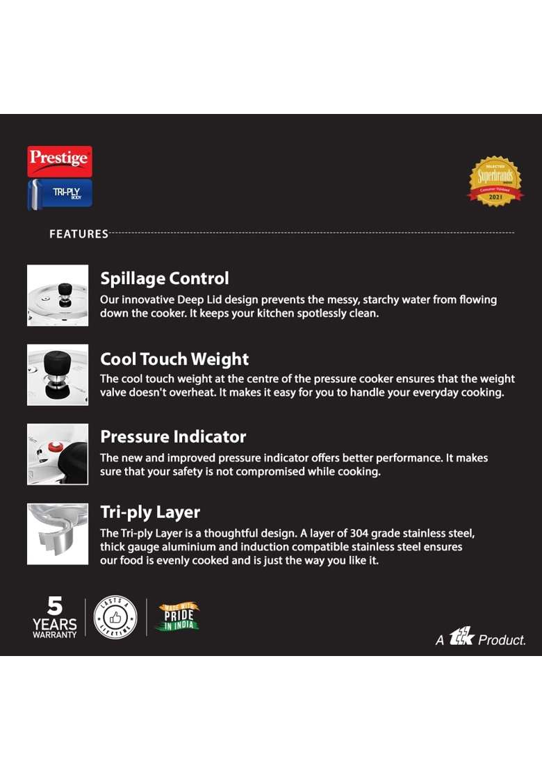 Prestige Triply Svachh Outerlid Pressure Cooker | 2 L | 2.1 Qt | Induction Compatible - Indya