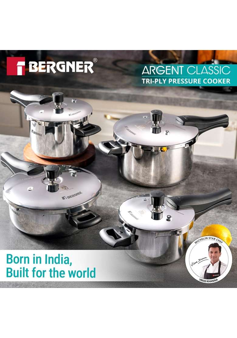 BERGNER Argent Classic Triply Stainless Steel Outer Lid Pressure Cooker | 3.5 L | 3.7 Qt | Induction Compatible - Indya