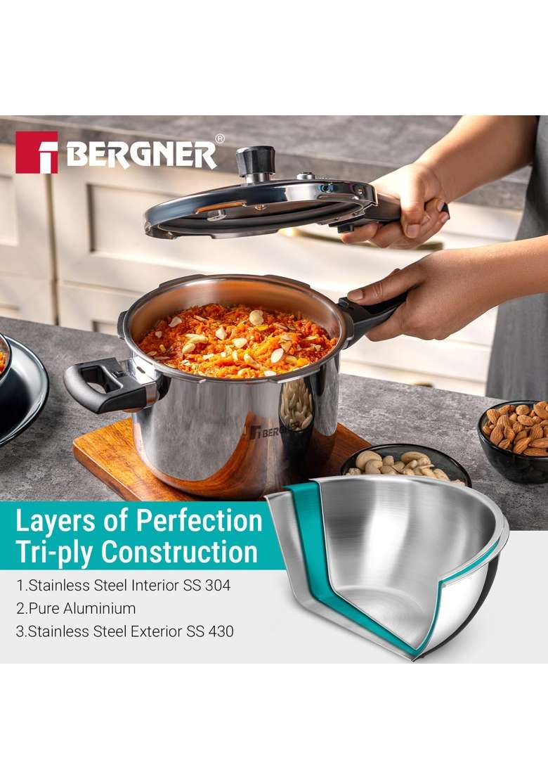 BERGNER Argent Classic Triply Stainless Steel Outer Lid Pressure Cooker | 3.5 L | 3.7 Qt | Induction Compatible - Indya